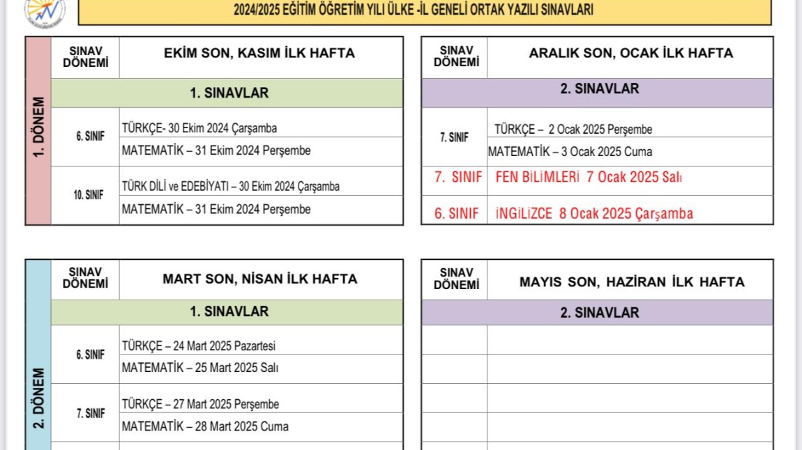 ORTAK SINAV TARİHLERİ